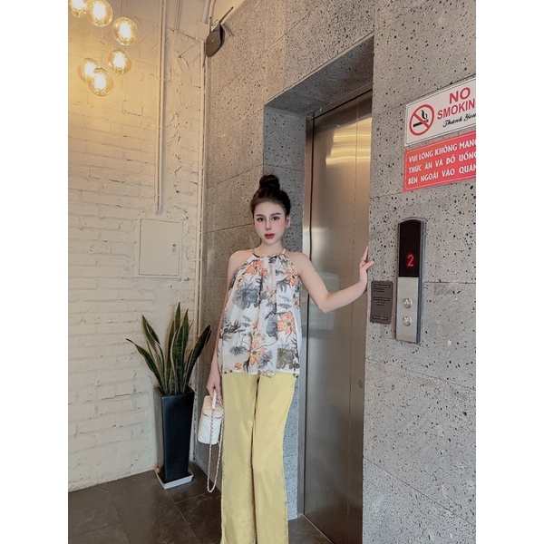 Áo yếm voan tơ in họa tiết, áo 2 lớp phối quần lụa mango, quần có túi | BigBuy360 - bigbuy360.vn