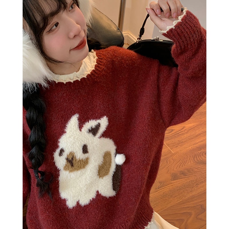Áo Sweater Xindahui Cổ Tròn In Hình Thỏ Giáng Sinh Thời Trang Thu Đông 2022 Cho Nữ