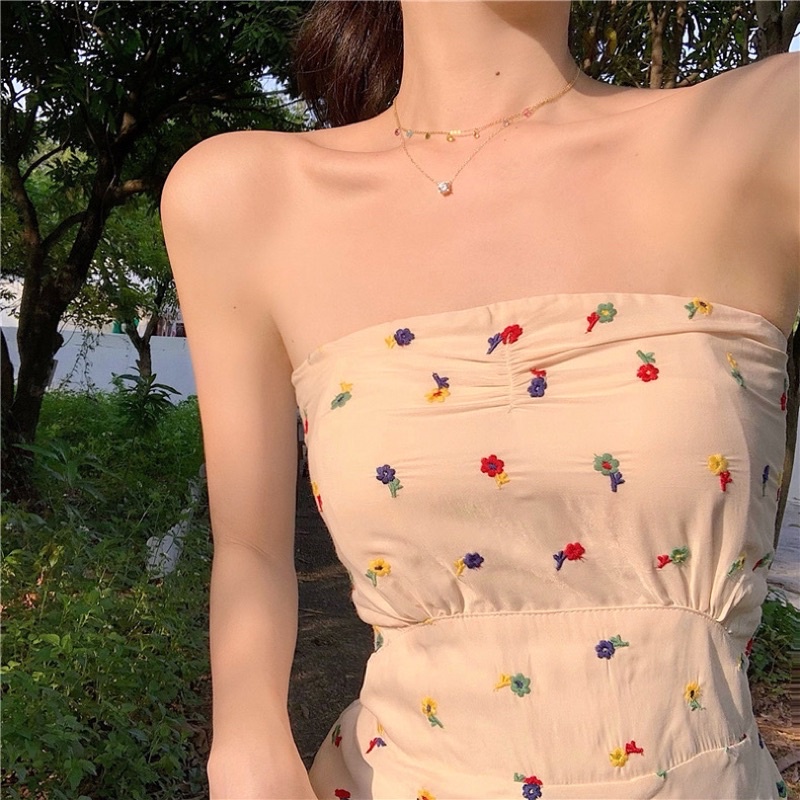Đầm midi thêu hoa nhí không tay bo chun lưng phong cách tiểu thư Hàn Quốc