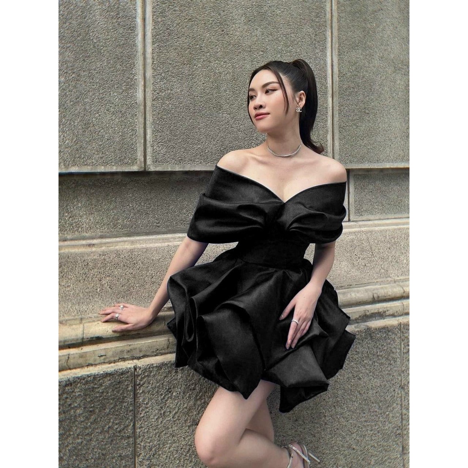 Đầm váy dự tiệc taffta tùng xòe dún bí bẹt vai sang trọng