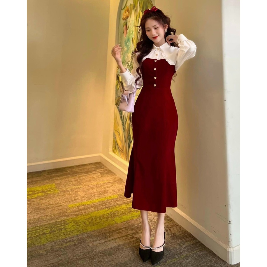 Đầm Váy Nữ Chất Vải Nhung Cứng Ôm Body Cổ Bẻ Dài Tay Màu Sắc Đỏ Phối Trắng Thiết Kế Sang Chảnh Đi Làm Công Sở D120D