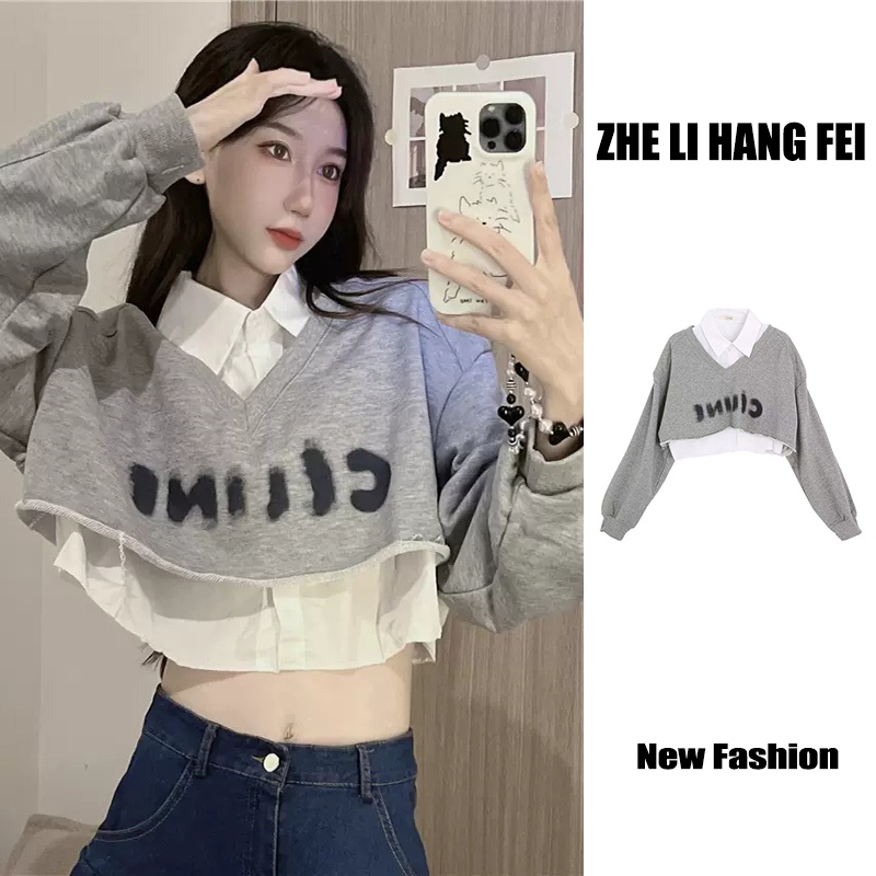 Áo kiểu crop top ZHELIHANGFEI giả hai lớp cá tính thời trang dành cho nữ | BigBuy360 - bigbuy360.vn