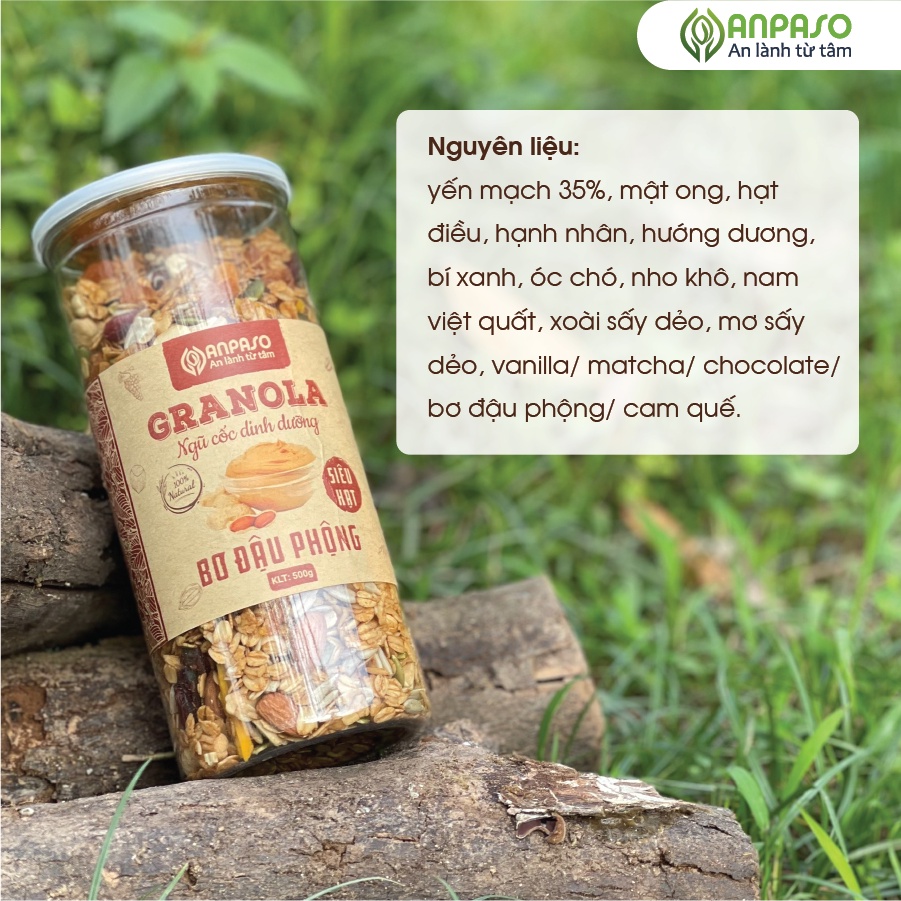 Granola Vị Bơ Đậu Phộng Siêu Hạt Anpaso ,Ăn Kiêng, Giảm Cân Bổ Sung Dinh Dưỡng, Tốt Cho Tim Mạch 500g