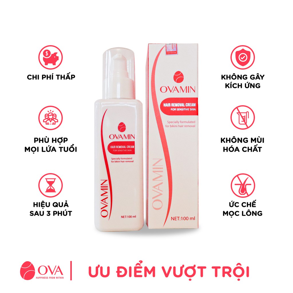 Kem tẩy lông không đau rát Ovamin 100ml, wax sạch lông nách, body, chân tay, vùng bikini trên cơ thể cho da nhạy cảm.