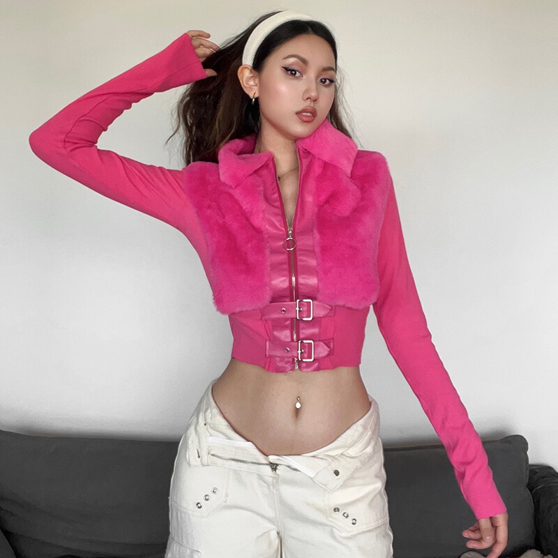 Áo khoác croptop WEIRD PUSS tay dài có khóa kéo phong cách Châu Âu thời trang dành cho nữ