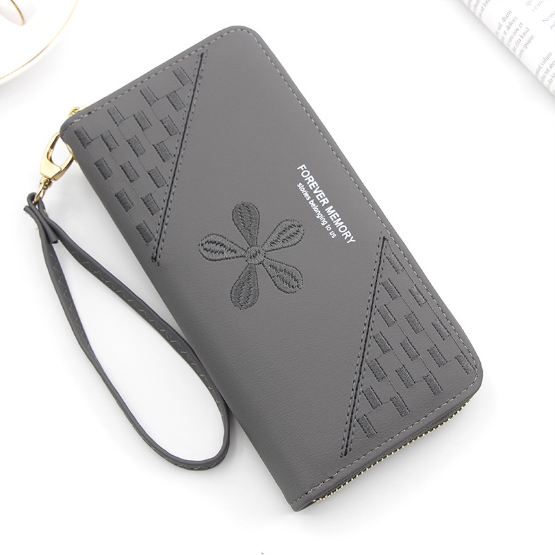 Ví Dài Màu Trơn Có Khóa Kéo Thêu Họa Tiết Cho Nữ