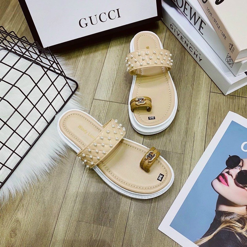 Dép bánh mì xỏ ngón quai ngang đính ngọc