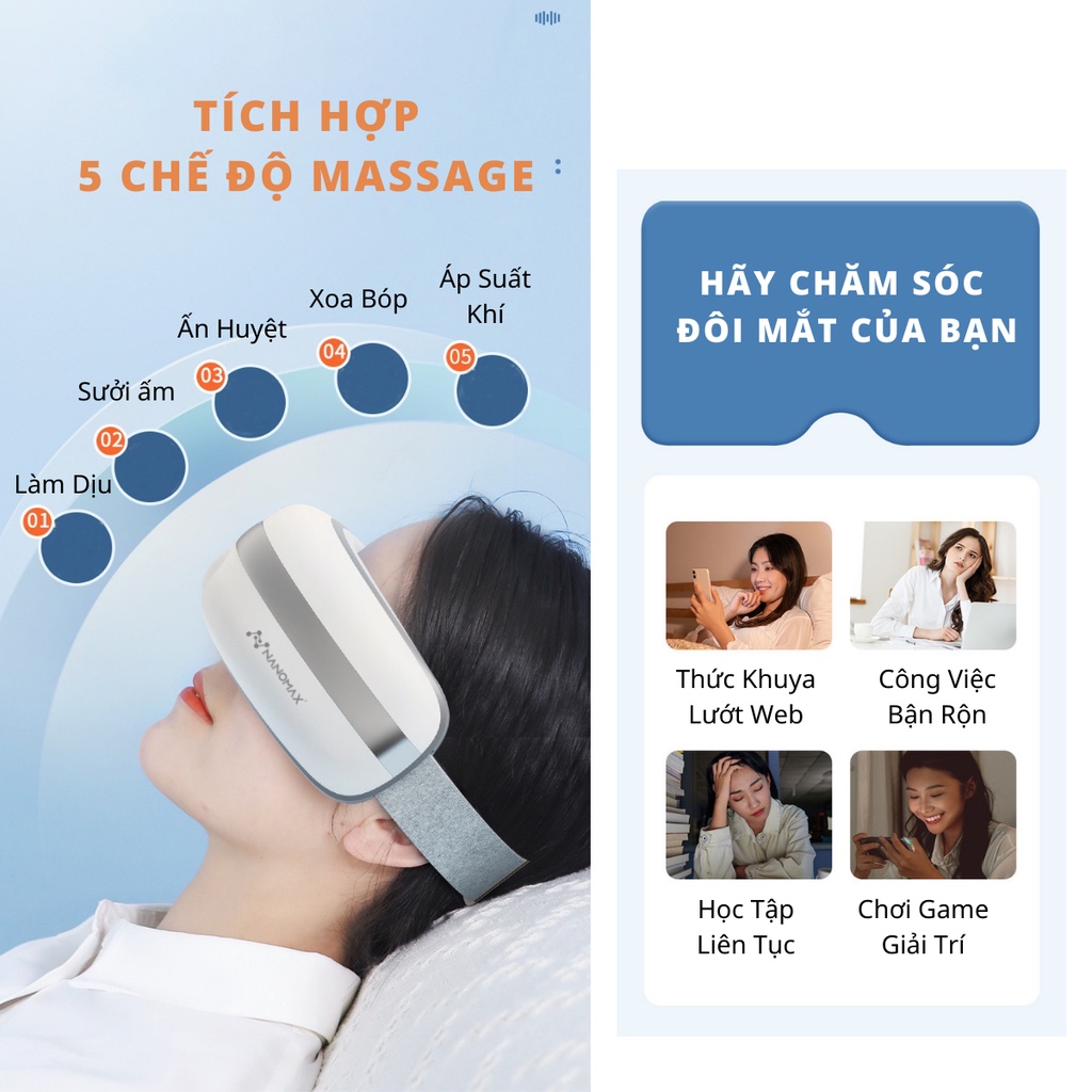 Máy Massage Mắt NANOMAX Y03, Công Nghệ Túi Khí Nén, Làm Nóng Hồng Ngoại, 5 Chế Độ,  Giảm Mỏi Mắt, Xoa Bóp Thái Dương