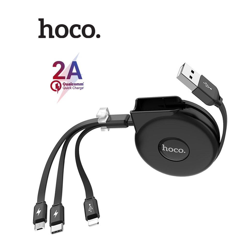 Cáp Sạc 2A Hoco U50 3IN1 thiết kế dây rút tiện lợi tương thích tốt với hầu hết các thiết bị dài 100CM ( Đen )