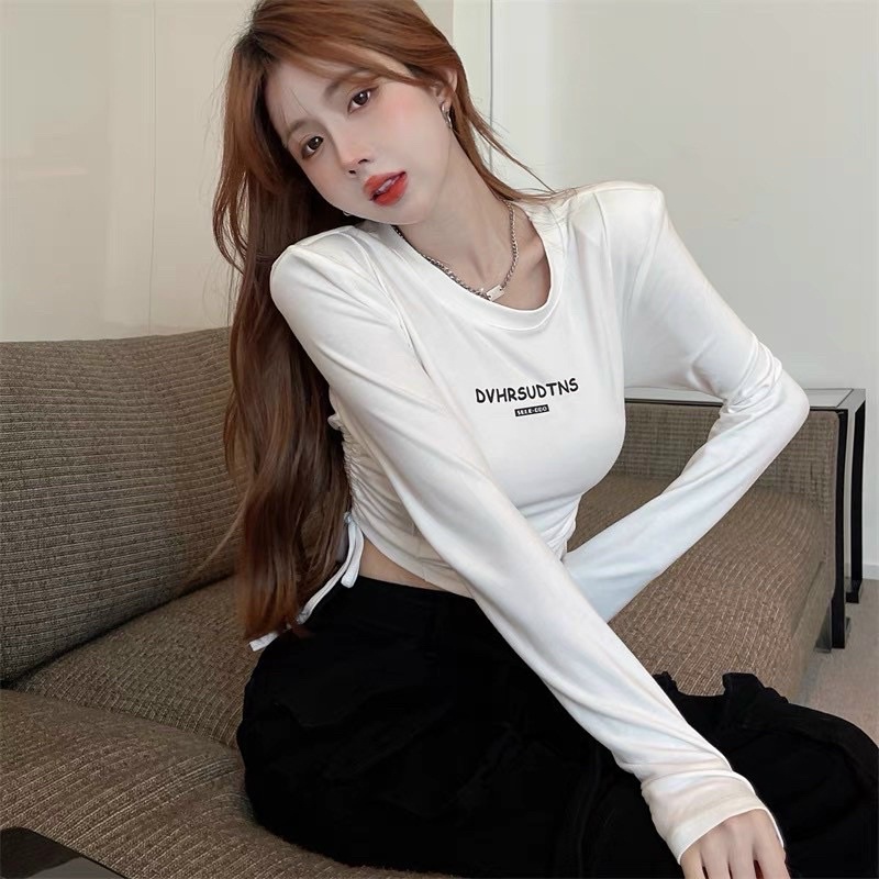 Áo tay dài vạt nhọn in chữ rút dây 2 bên BG xinh nhé