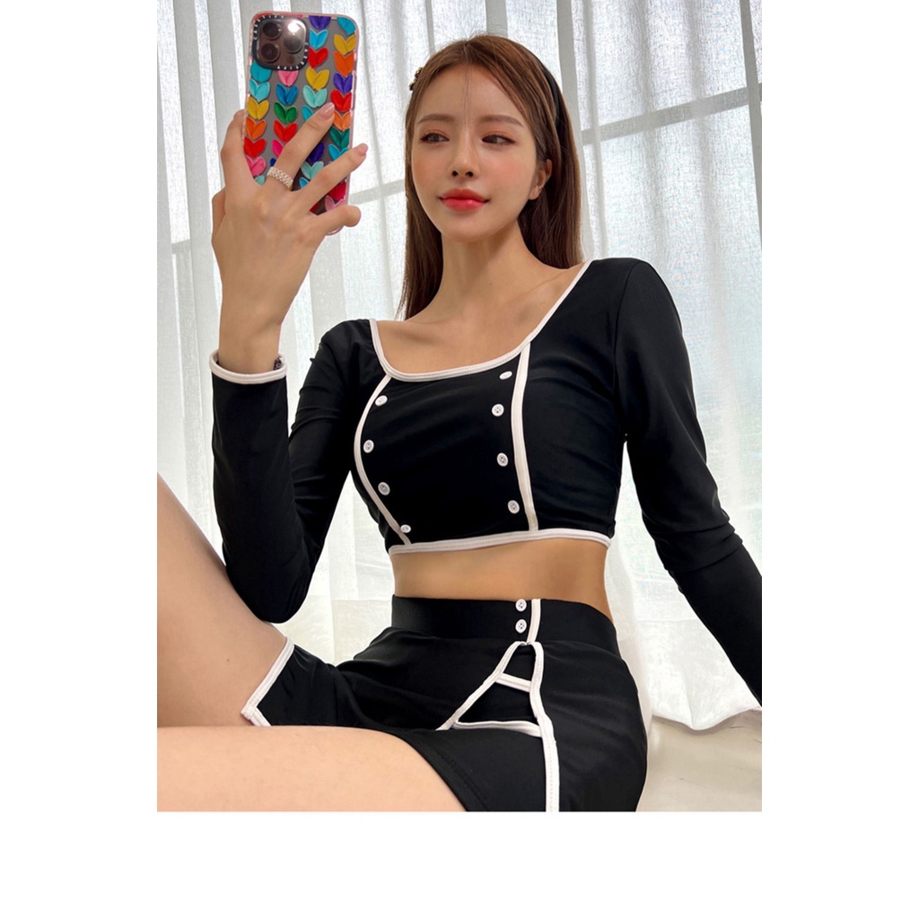 Mẫu mới 2023 Bikini 2 mảnh Hàn Quốc bộ đồ bơi dài váy, váy quần kín đáo đen viền trắng đính nút mới lạ hot hit