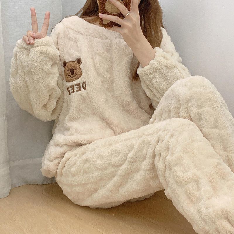 Đồ ngủ nhung san hô nữ thu đông lót nhung dễ thương