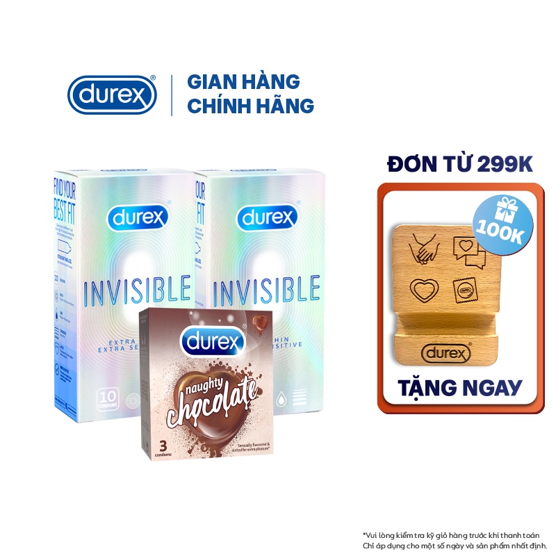 Bộ 2 hộp bao cao su Durex Invisible siêu mỏng (52mm, 10 bao/hộp)+ 1 Durex Naughty Chocolate hương choco (52mm,3 bao/hộp)