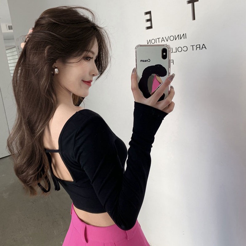 Áo XINLANYASHE tay dài cổ vuông màu trơn hở lưng thời trang xinh xắn cho nữ