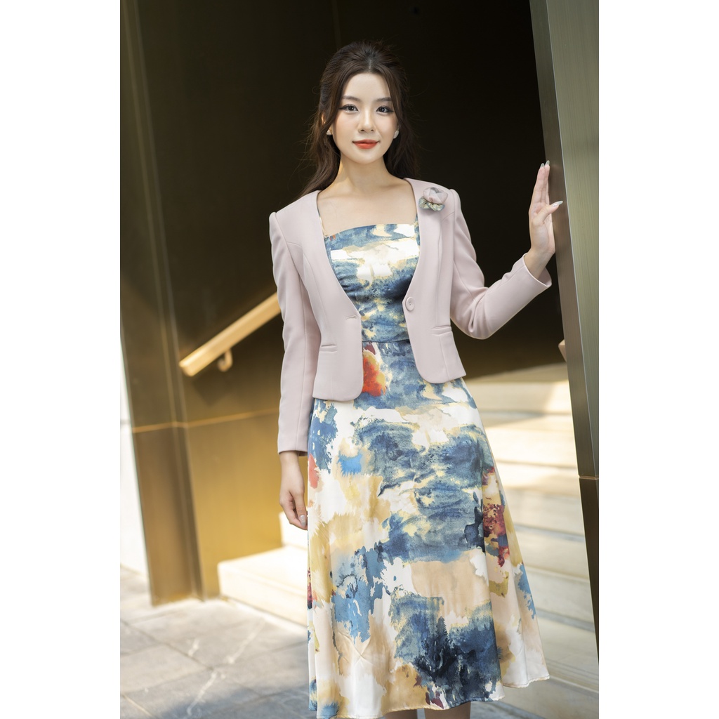 Đầm dáng xòe Fiona sát nách họa tiết hoa loang F452503