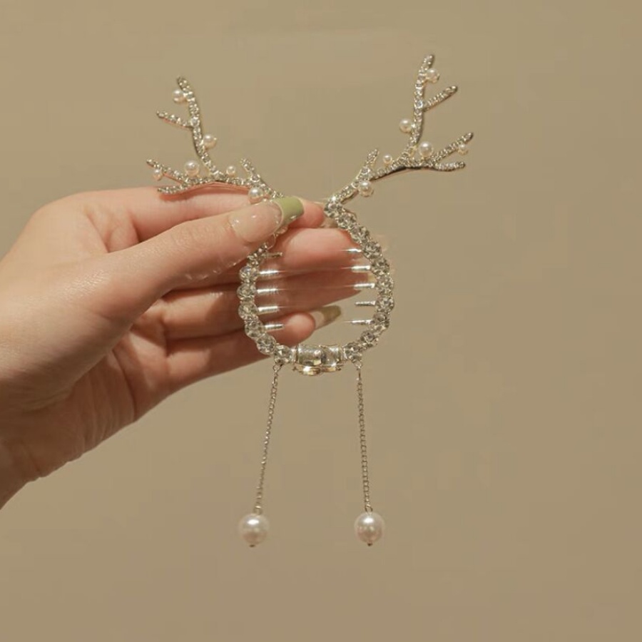 Kẹp Tóc Hình Sừng Tuần Lộc Bằng Kim Loại Đính Ngọc Trai Giả Giá Đỡ