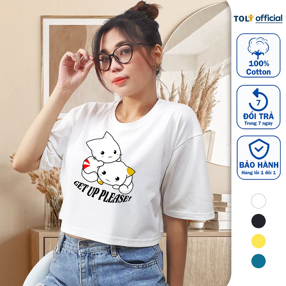 Áo Croptop Nữ Toli Tay Ngắn Cổ Tròn Vải Thun Cotton Kiểu Hàn Quốc In Hình Hoạ Tiết ( TRẮNG- CON MÈO)