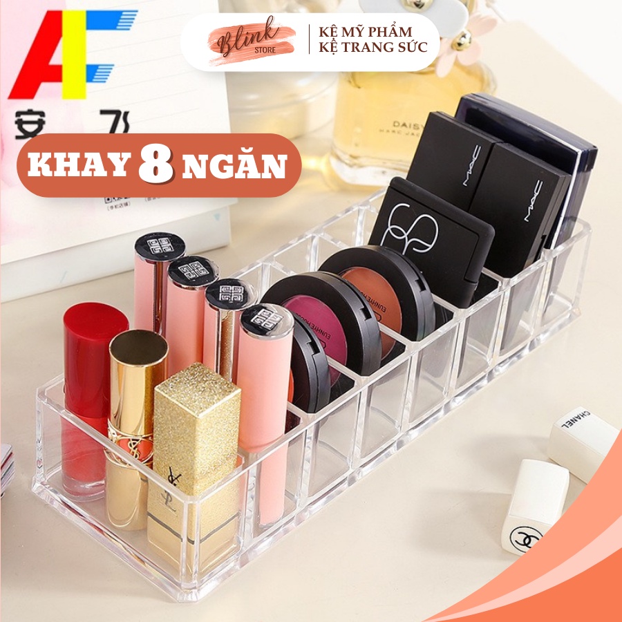 Khay đựng mỹ phẩm trong suốt, kệ son, phấn trang điểm 8 ngăn tiện lợi, gọn gàng chất liệu mica dày dặn