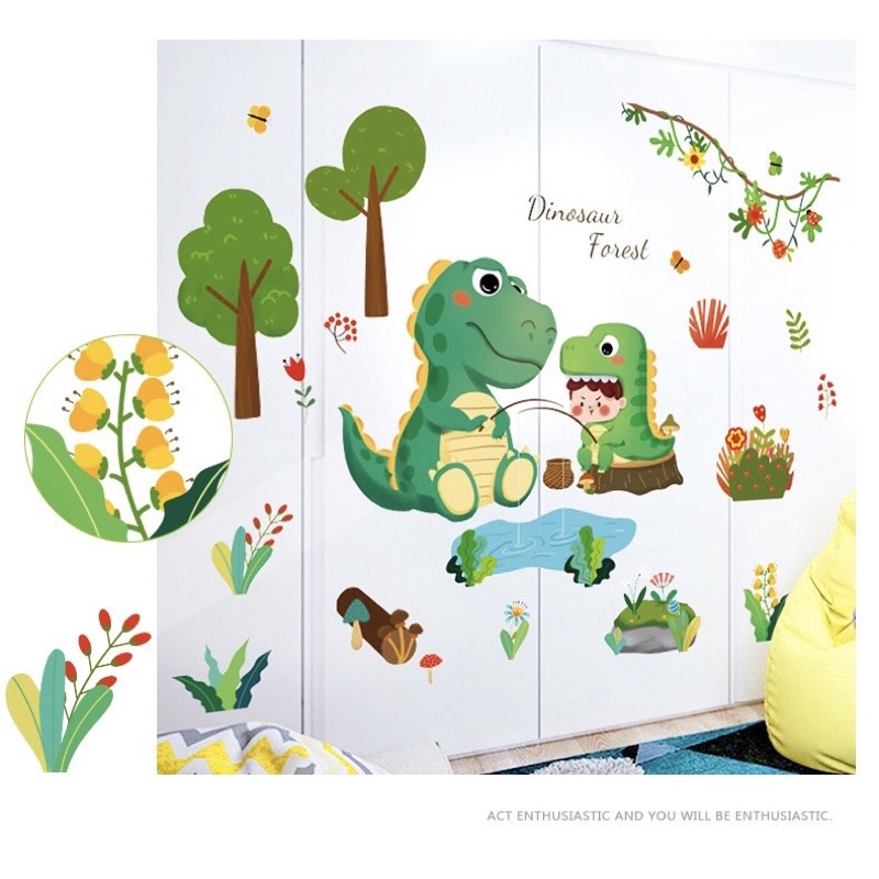 Decal dán tường mẫu khủng long câu cá đáng yêu ĐV018, trang trí phòng cho bé