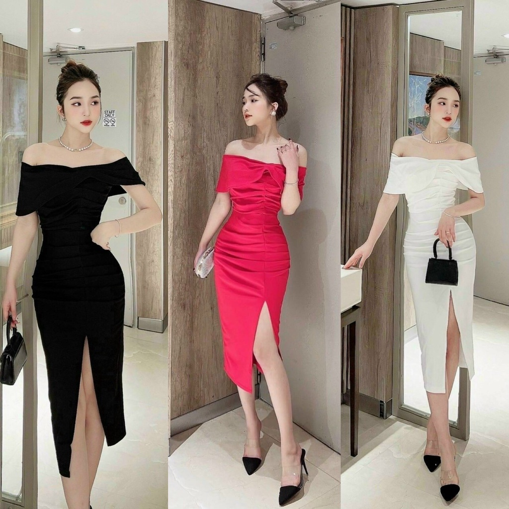 Đầm Váy Nữ Chất Vải UMI Ôm Body Nhún Trễ Vai Xẻ Tà Trước ( Có Mút Ngực ) Thiết Kế Sang Chảnh Đi Làm Công Sở, Dạ Hội