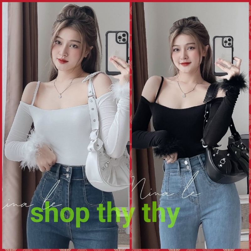 Áo thun 2 dây bẹt vai, tay dài phối lông vũ, Áo croptop trễ vai 2 màu đen,trắng phong cách Hàn