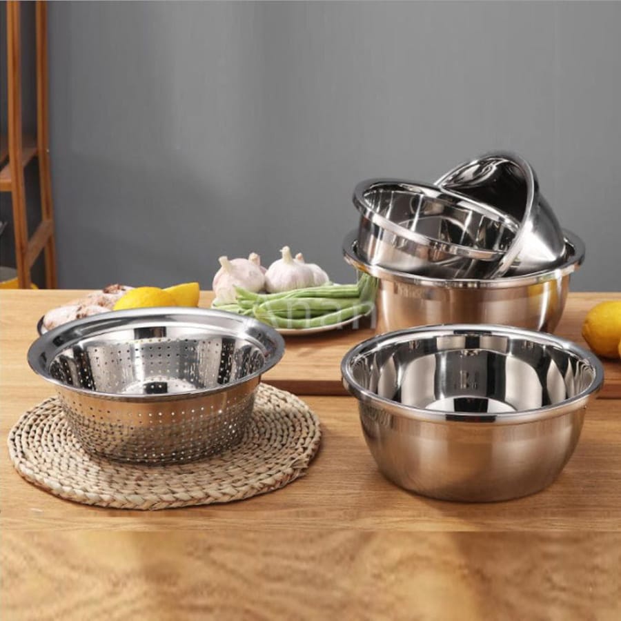 Bộ Thau Rổ Inox 5 Món, Set 5 Tô Rổ Inox Không Gỉ Size 16-26 Cm Chậu Kèm Rổ Inox, Đựng Thực Phẩm, Rửa Rau Củ Quả Tiện Lợi