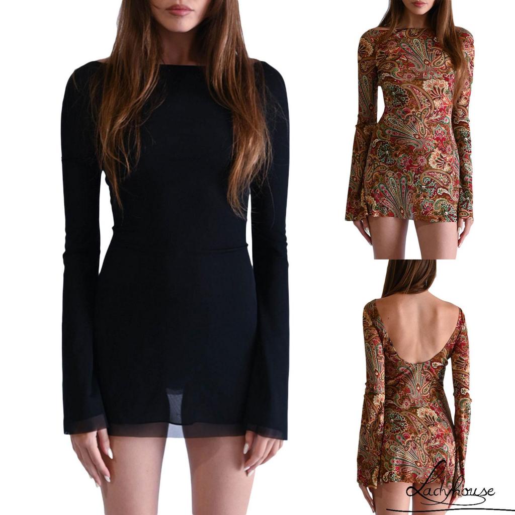 Ldd-đầm Ngắn / Dài Tay Hở Lưng Màu Trơn In Hoa / Đen / Kaki S / M / L