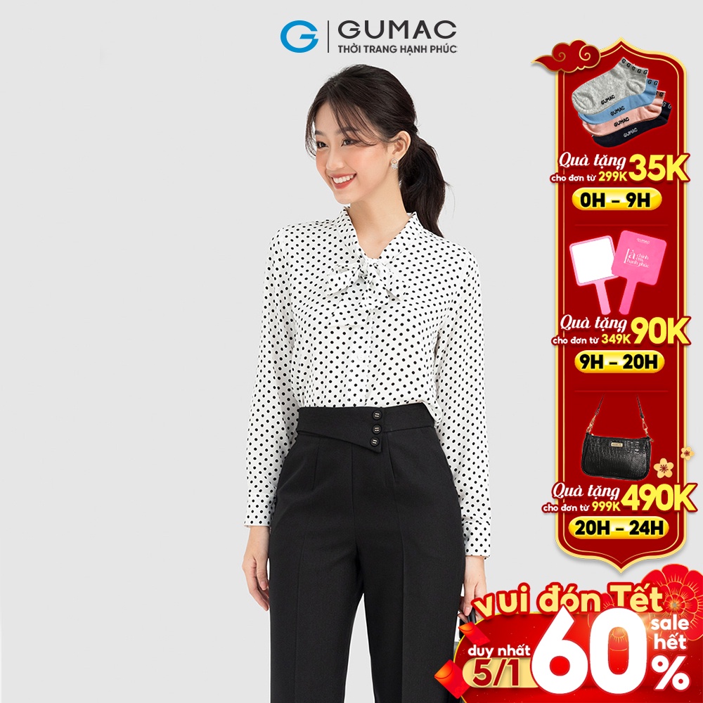 Áo sơ mi nữ GUMAC tay dài thắt no form suông họa tiết chấm bi AC08036