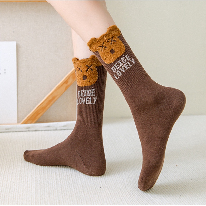 1 Đôi Tất Cotton Mềm Mại Thoáng Khí In Họa Tiết Gấu Hoạt Hình Dễ Thương Giữ Ấm Mùa Đông Cho Nữ