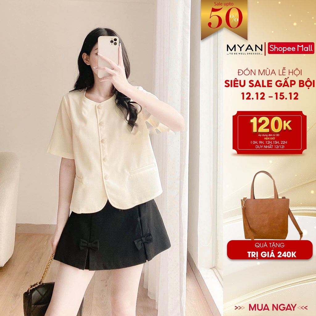 Áo Khoác Tweet Mỏng Cổ Tròn MYAN Thiết Kế Ngắn Tay Khuy Trang Sức Túi Giả 2 Lớp Màu Bơ, Kem, Hồng AVN092203