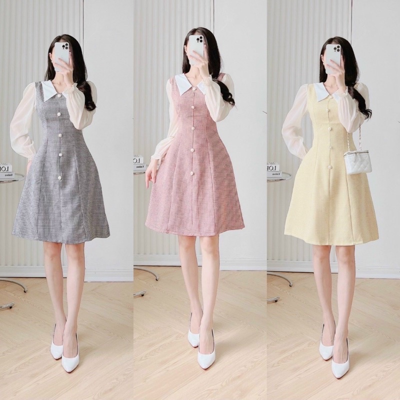 Đầm dạ kẻ phối tay tơ