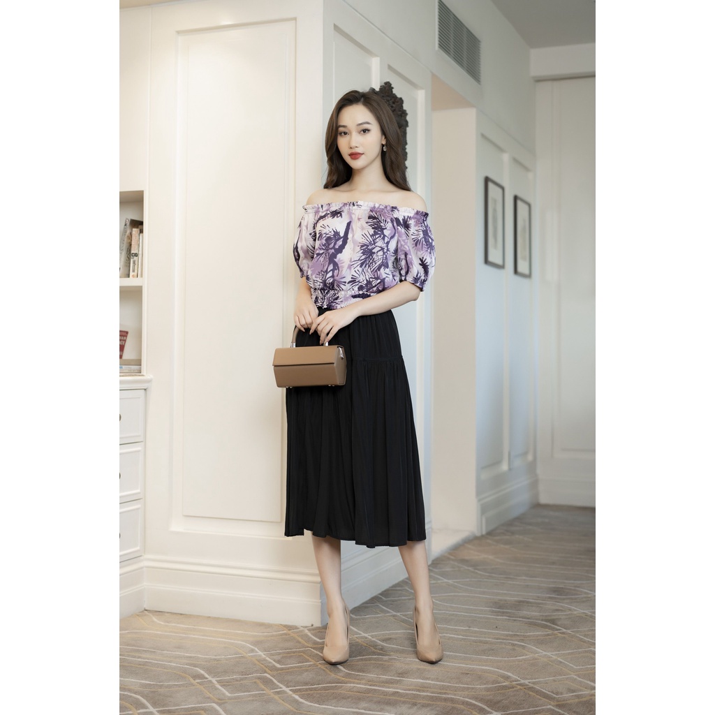 Áo sơ mi Fiona bo gấu họa tiết hoa loang màu tím F552265