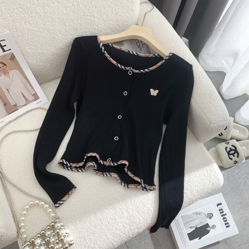 Áo Dệt Kim Tay Dài Dáng Ngắn Thêu Hình Bướm Xinh Xắn Thời Trang