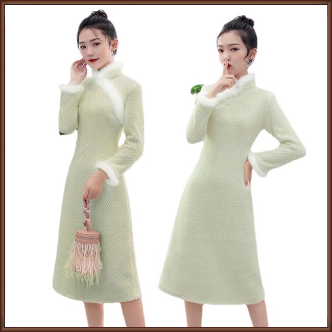 Đầm Sườn Xám Tay Dài Cỡ Lớn Thời Trang Mùa Đông Xinh Xắn Cho Nữ