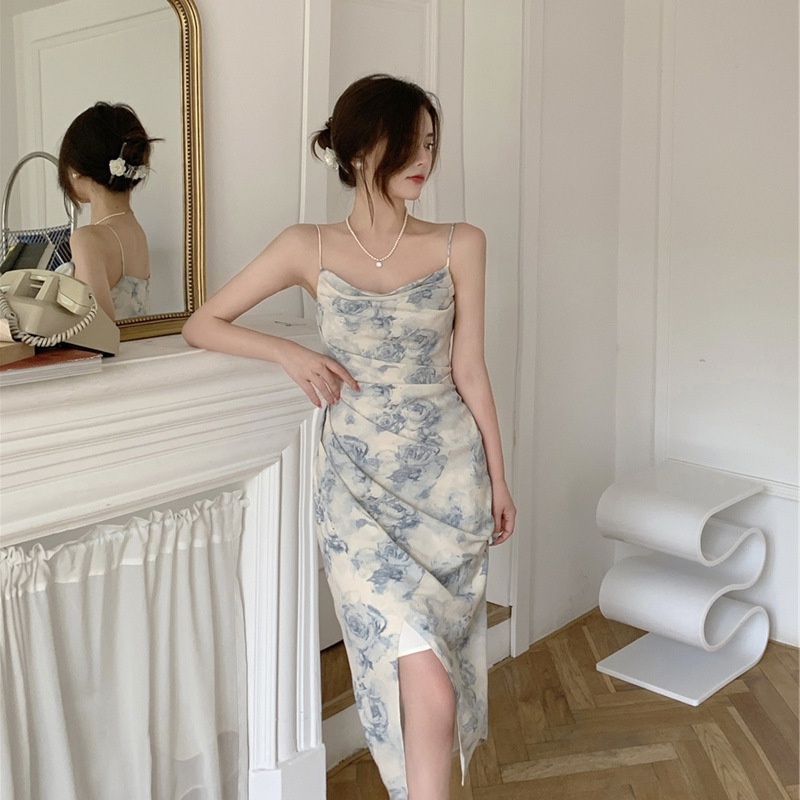 DIDIKA Đầm hai dây họa tiết sang trọng phong cách Pháp thời trang mùa xuân quyến rũ dành cho nữ