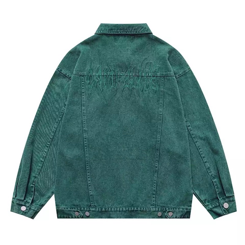 Áo Khoác Jeans Nam Nữ From Rộng Màu Xanh Lá Đậm Hình Thêu Nổi ,Áo Bò Thời Trang Unisex Phong Cách Trẻ Trung