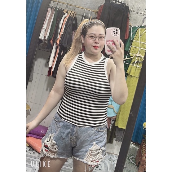 ÁO BA LỖ KẺ SỌC 55-90kg - ảnh thật mẫu béo chụp