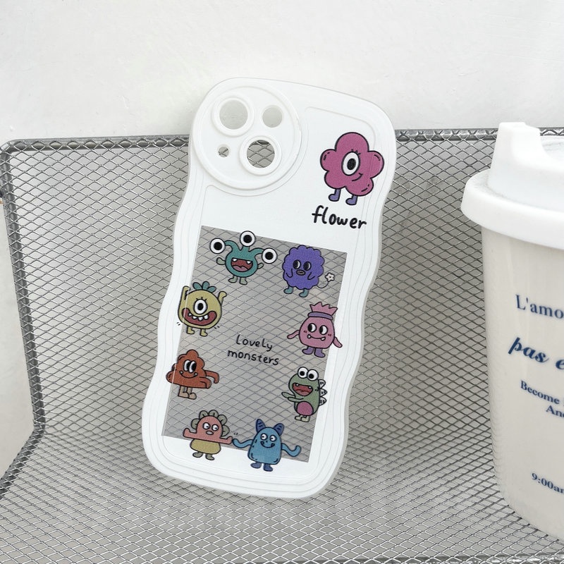 Cartoon Casing For iPhone 14 13 Mini 12 11 Pro Xs max 7 8 Plus X XR 14ProMax 13promax 12promax 11promax Cute Waves Edge Fine Hole Monsters Photo frame Can Placed Photos Tpu Airbag Shockproof Clear Soft Phone Case Cover BW 05