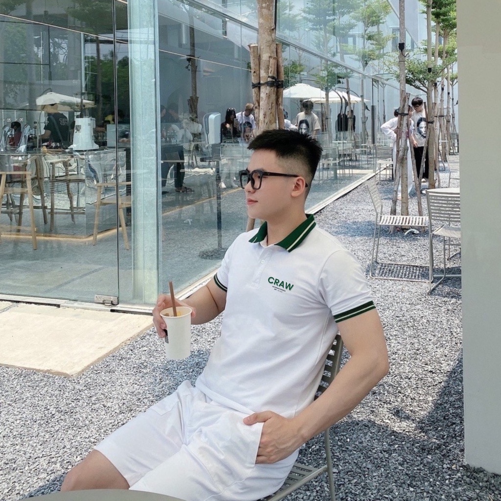 Áo thun Polo CRAW Unisex vải cá sấu co dãn 4 chiều dày dặn form gerular fit - 1 Sọc Xanh Be PL0043