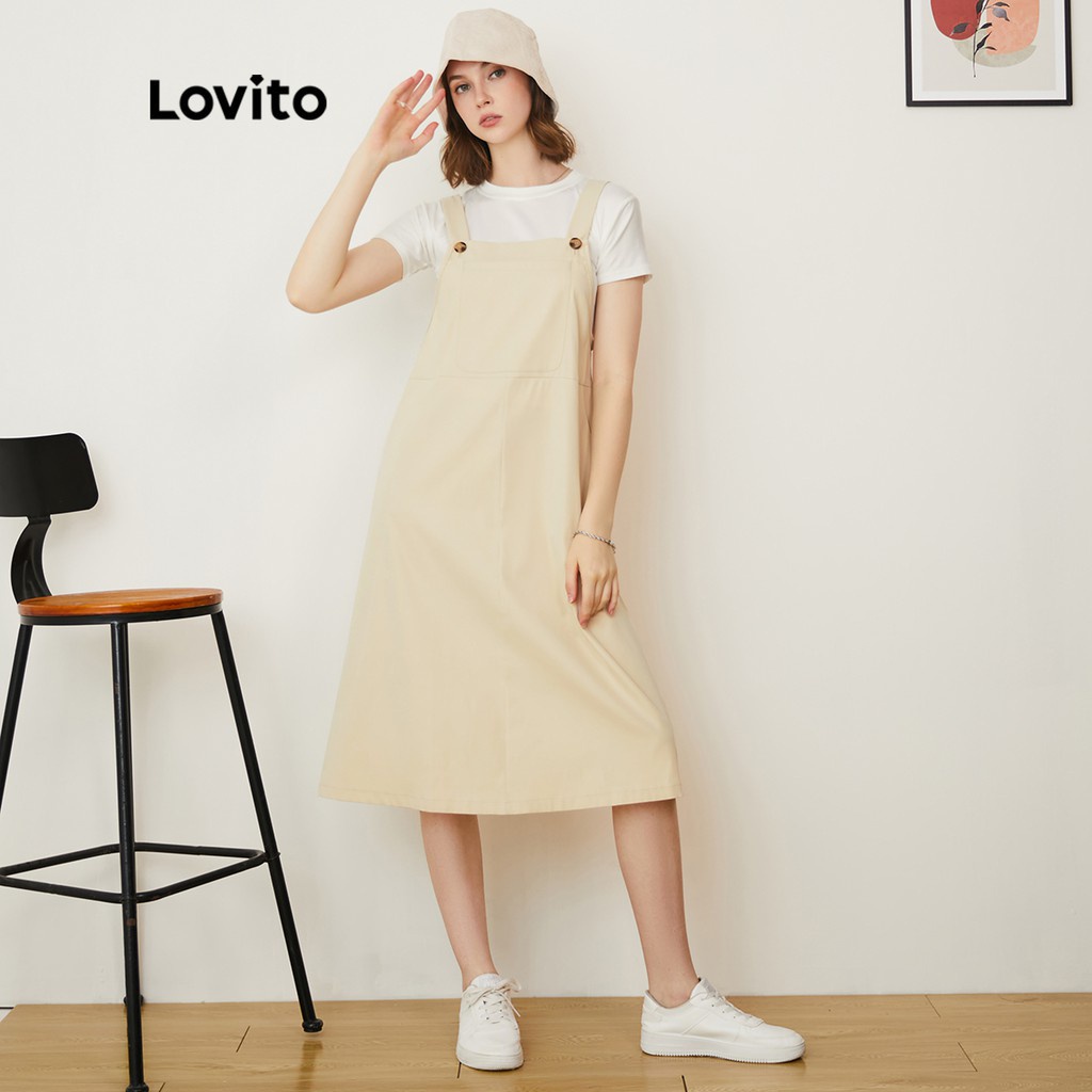 Váy yếm Lovito thiết kế đơn giản phong cách Preppy Tổng thể L24AD177 (màu kaki)