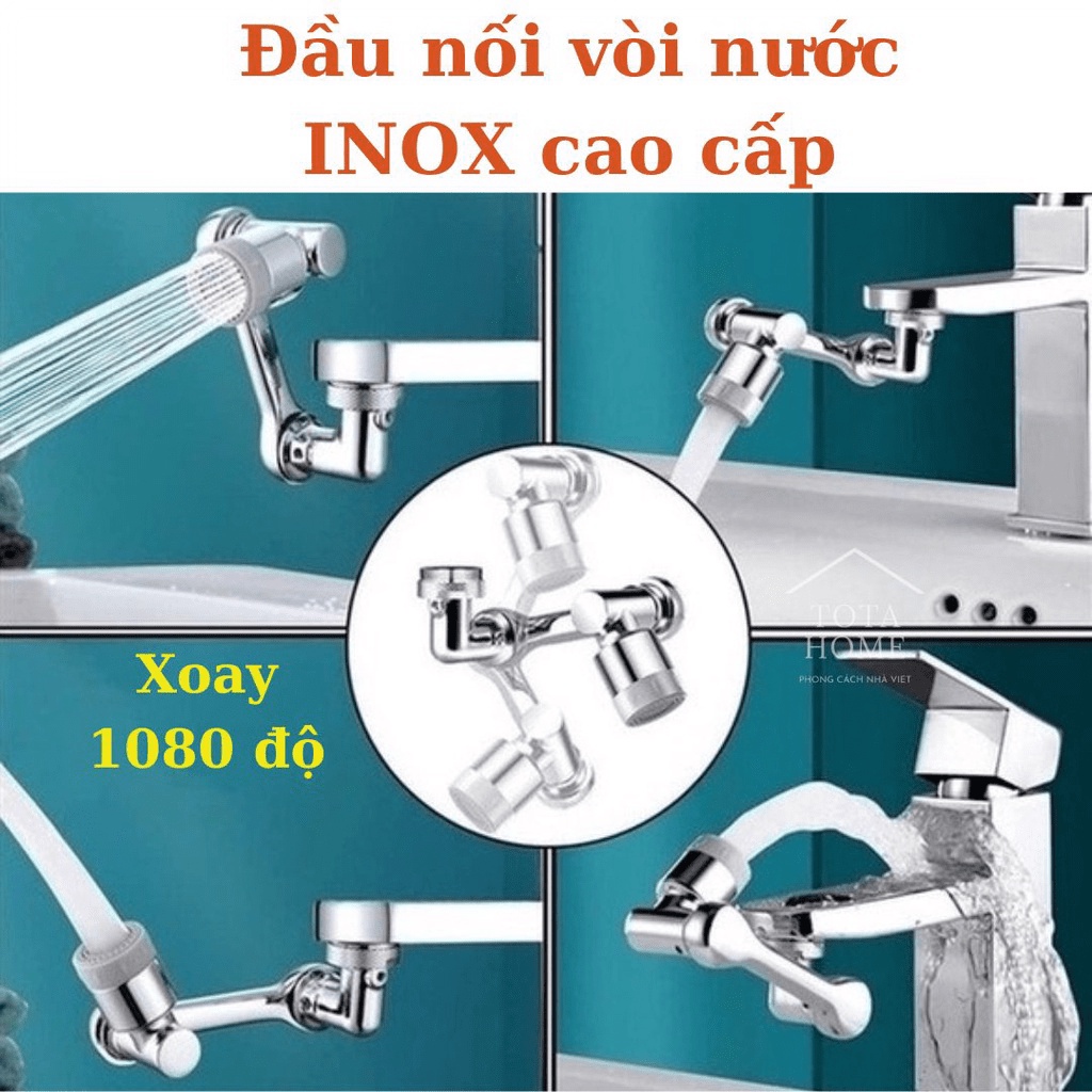Đầu nối vòi nước INOX xoay 1080 độ cao cấp Đầu Vòi Phun Nước vòi nước tăng áp 2 chế độ nước, Đầu nối vòi nước inox xoay