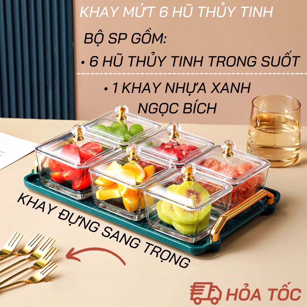 Khay Đựng Mứt Tết 6 Hũ, Bánh Kẹo Thố Thủy Tinh Sang Trọng, Bộ Đựng Mứt Tết 6 ngăn Khay Nhựa ABS An Toàn
