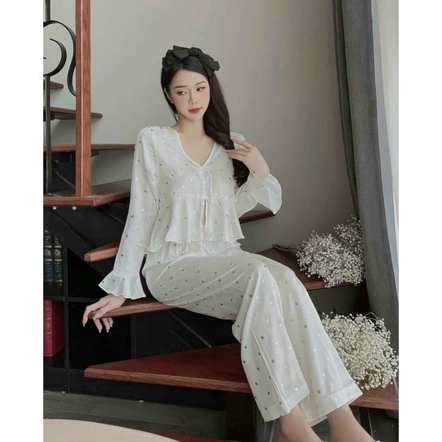 SP.88 Bộ Pijama lụa xước chấm bi cao cấp, bộ ngủ lụa Quảng Châu mặc nhà