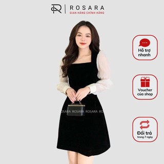 Váy Đầm Nhung Đen Thiết Kế Phối Tơ Sang Trọng Qúy Phái Thời Trang Công Sở Nữ Rosara V60