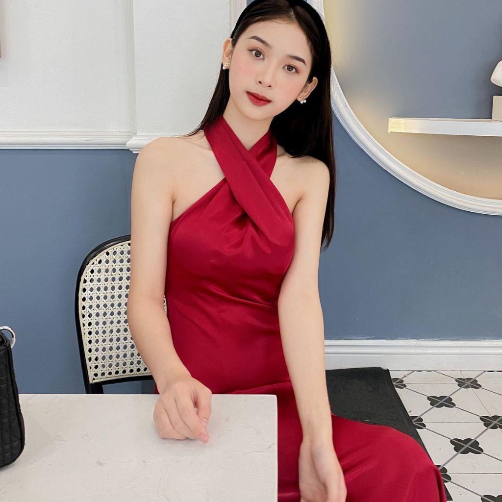 Váy body dáng dài dự tiệc, đầm thiết kế cổ chéo hở lưng sexy sang chảnh chất phi lụa cao cấp có sẵn mút ngực D09
