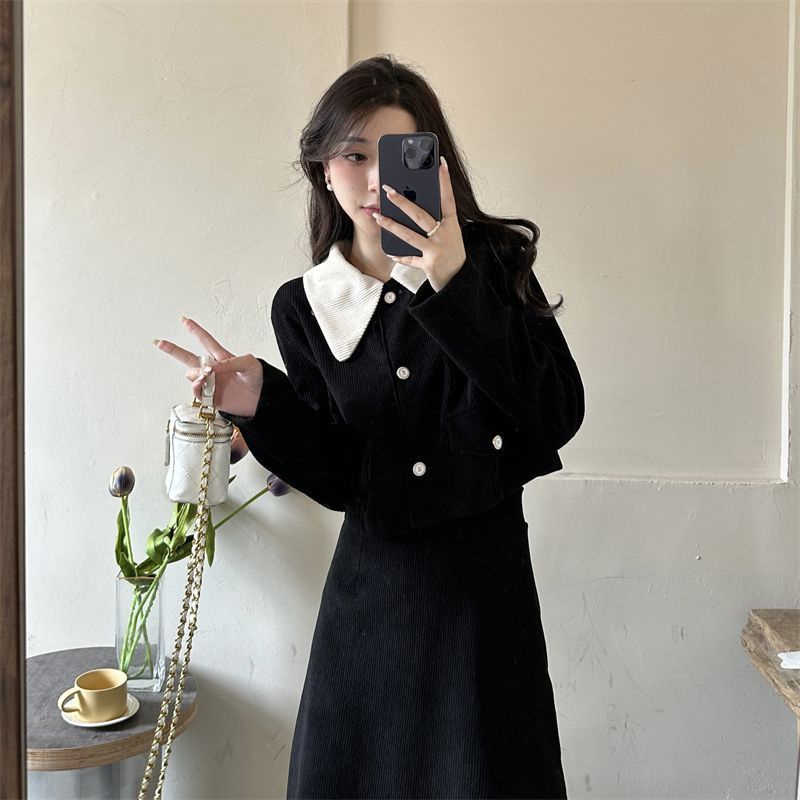 Bộ Áo Khoác Tay Dài Cổ Búp Bê + Chân Váy Dài Thời Trang Thu Đông Cho Nữ