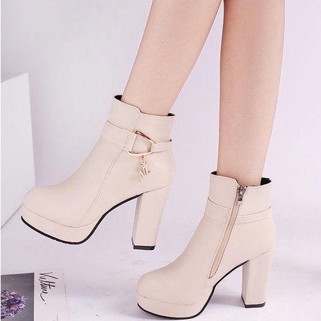 Giày cao gót Nút khởi động Cộng với kích thước giày nữ 34 yard - 42 yard bên Zipper dày gót giày ống