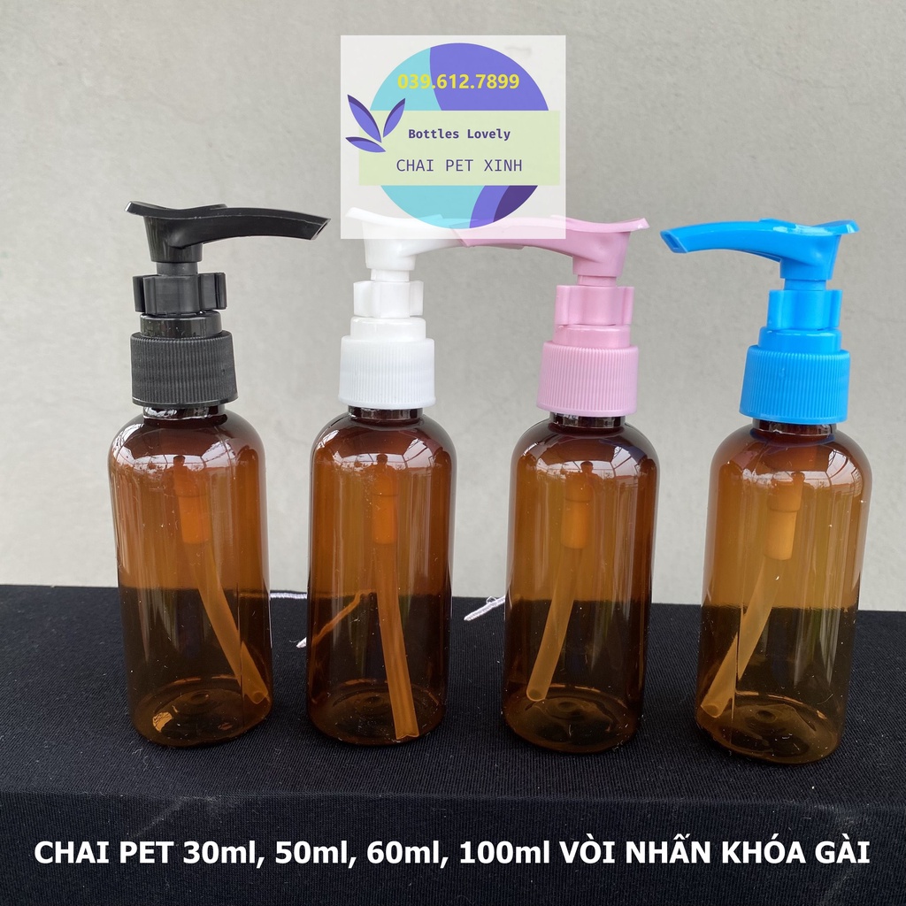 Chai pet nhựa vòi nhấn khóa gài dung tích 30ml, 50ml, 60ml, 100ml