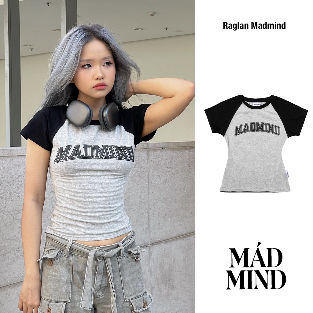 MADMIND® Chính Hãng - Áo Thun Nữ 100% Cotton, Raglan Logo Form Ôm Body Màu Xám Phối Tay Đen | BigBuy360 - bigbuy360.vn