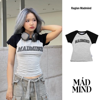 MADMIND® Chính Hãng - Áo Thun Nữ 100% Cotton, Raglan Logo Form Ôm Body Màu Xám Phối Tay Đen